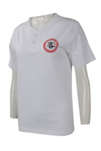 T840 來樣訂做女裝圓領T恤 團體訂購女裝功夫衫T恤 香港 設計圓領鈕扣T恤款式 女裝T恤批發商    白色